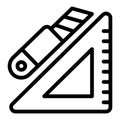 Ruler with utility knife line icon, sewing theme concept. Vector graphics. Triangle ruler and cutting tool, stationery Royalty Free Stock Photo