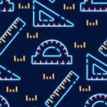 Rulers neon seamless pattern. Vector Background with school signs