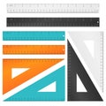 Rulers and triangle with inches, centimeters millimeters scale. Vector set Royalty Free Stock Photo