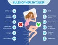 Rules of healthy Sleep. Vector Infographics Illustration. Cute Girl sleeping on the Bed. Useful tips for a good night`s Royalty Free Stock Photo