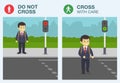 Rules for pedestrians. The meaning of traffic light signals. School kid walking across pedestrian crossing. Road safety rules. Royalty Free Stock Photo