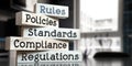 Rules, policies, standards, compliance, regulations - words on wooden blocks