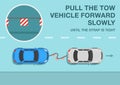 Rules for towing vehicles. White car towing a broken down blue car on a flexible hitch. Pull the tow vehicle forward slowly.