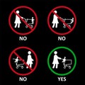Rules using of shop cart. Using shopping trolley with children. Correct and wrong usage of shopping trolley. Vector Royalty Free Stock Photo