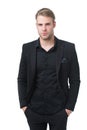 Rules for wearing all black clothing. Black fashion trend. Man elegant manager wear black formal outfit on white