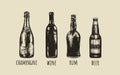 Rum, beer, champagne, wine sketch drawings