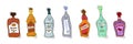 Rum, beer, martini, vodka, whiskey, vermouth, liquor with smile on white background. Cartoon sketch graphic design. Doodle style