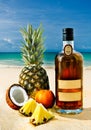 Rum bottle. tropical beach view. Fruits. Coconut Pineapple.mockup.