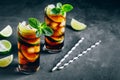 Rum and Cola Cuba Libre ice cold drink cocktail with lime and mint Royalty Free Stock Photo