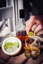 Rum with ice and coconut, a bottle of rum with lime Royalty Free Stock Photo