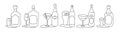 Rum liquor martini beer vermouth whiskey wine bottle and glass outline icon on white background. Black white cartoon sketch Royalty Free Stock Photo