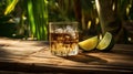 Rum Reverie: Premium Glass Amid Lush Sugarcane Fields, Tropical Tranquility