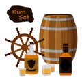 Rum set. Alcohol, helm, barrel, shots, rum bottle. Flat style. Royalty Free Stock Photo