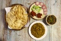 Rumali roti with egg tarka chicken curry and chicken pakora Royalty Free Stock Photo