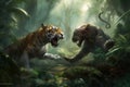 Rumble in the jungle two beasts fighting created with generative AI technology
