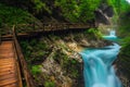 Rumbling Radovna river in Vintgar gorge with wooden footbridge, Slovenia