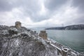 Rumeli Fortress, an old castle with a snow-covered view in winter, Istanbul, TÃÂ¼rkiye. Rumeli Castle with Fatih Sultan Mehmet Royalty Free Stock Photo