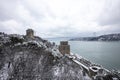 Rumeli Fortress, an old castle with a snow-covered view in winter, Istanbul, TÃÂ¼rkiye. Rumeli Castle with Fatih Sultan Mehmet Royalty Free Stock Photo