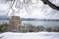 Rumeli Fortress, an old castle with a snow-covered view in winter, Istanbul, TÃÂ¼rkiye. Rumeli Castle with Fatih Sultan Mehmet Royalty Free Stock Photo