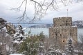 Rumeli Fortress, an old castle with a snow-covered view in winter, Istanbul, TÃÂ¼rkiye. Rumeli Castle with Fatih Sultan Mehmet Royalty Free Stock Photo