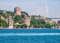 Rumelihisari (Rumeli Fortress) and second Bosporus bridge as seen from a ship cruise in Golden Horn