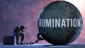 Rumination and an alienated suffering human. A metaphor showing Rumination as a huge prisoner's ball bringing pain and k Royalty Free Stock Photo