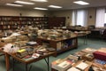 rummage sale at library, with books and other items for sale