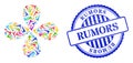 Rumors Distress Seal Stamp and Yes Sign Multi Colored Centrifugal Abstract Flower Royalty Free Stock Photo