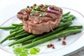 Rump Steak with Green vegetable,French beans, pepper close up on plate Royalty Free Stock Photo