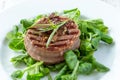 Rump Steak with Green vegetable, spinach,, pepper close up on plate Royalty Free Stock Photo
