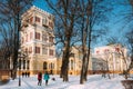 Rumyantsev-Paskevich Palace in snowy winter city park in Gomel, Belarus