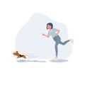 run away dog with bubbles soap on his back while the owner is running follow. a dog escape from take a bath. Flat vector cartoon