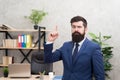 Run a company. Human resources. Job interview. Man bearded top manager boss in office. Business career. Start own Royalty Free Stock Photo