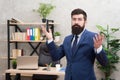 Run a company. Man bearded top manager boss in office. Business career. Start own business. Business man formal suit Royalty Free Stock Photo