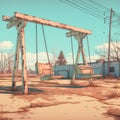 Run down abandoned swingset in a trailer park, cartoon Royalty Free Stock Photo