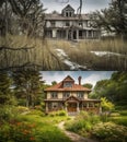 Dilapidated Run-down House Before And After Renovation Construction - Generative AI Royalty Free Stock Photo