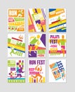 Run fest posters set, running marathon, sport and competition colorful design element for card, banner, print, badge