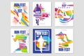 Run fest posters set, sport and competition concept, running marathon, colorful design element for card, banner, print