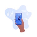 Run fitness app tracker concept. Vector flat illustration. Hand holding smartphone. Female runner silhouette with sport activity Royalty Free Stock Photo