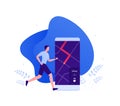 Run fitness app tracker concept. Vector flat illustration. Male runner with smartphone. Navigation map with route on smart phone Royalty Free Stock Photo