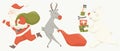 Run Santa Claus reindeer, and bear with gift box and bag scandinavian card.