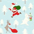 Run Santa Claus reindeer, and bear with gift box and bag seamless pattern.