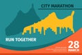 Run shoe. City marathon event banner design. Jogging sneaker. Fashion sport footwear silhouette. Urban foot. Active