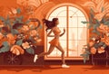 woman fitness health sport treadmill fit exercise home run training boho style. Generative AI.