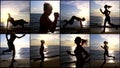 Run and workout of young sporty woman on ocean beach at sunrise time, collaged shot