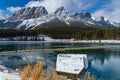 Rundle Forebay Reservoir in winter sunny day morning. Canmore, Alberta, Canada.