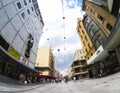 Rundle mall Street main shopping center with 700 retail stores at CBD. The image by Fish eyes wide angle lens.