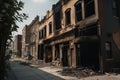 rundown building on burned city street, with broken windows and charred exterior