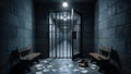 Rundown Jail Cell with Grey Stone Walls and Rusty Iron Bars in Dim Light Royalty Free Stock Photo