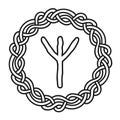 Rune Algiz in a circle - an ancient Scandinavian symbol or sign, amulet. Viking writing. Hand drawn outline vector illustration